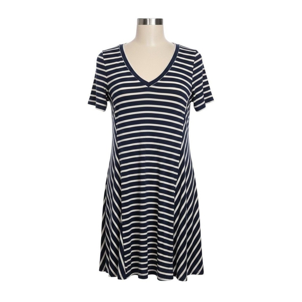 PPLA Striped V-Neck Dress Navy White Short Sleeve Knit - Large